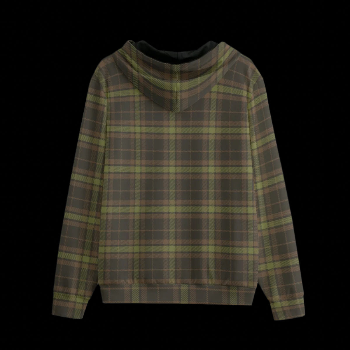 Back of black zipper hoodie with a plaid camouflage pattern on a black background