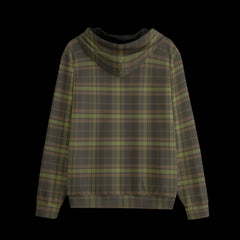 Back of black zipper hoodie with a plaid camouflage pattern on a black background