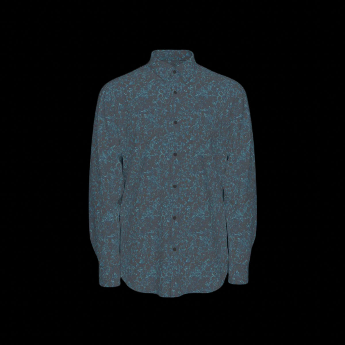 Front of blue patterned shirt on a black background