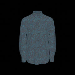 Front of blue patterned shirt on a black background