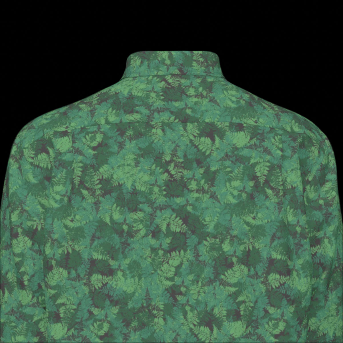 Top back of green camouflage shirt on a black background