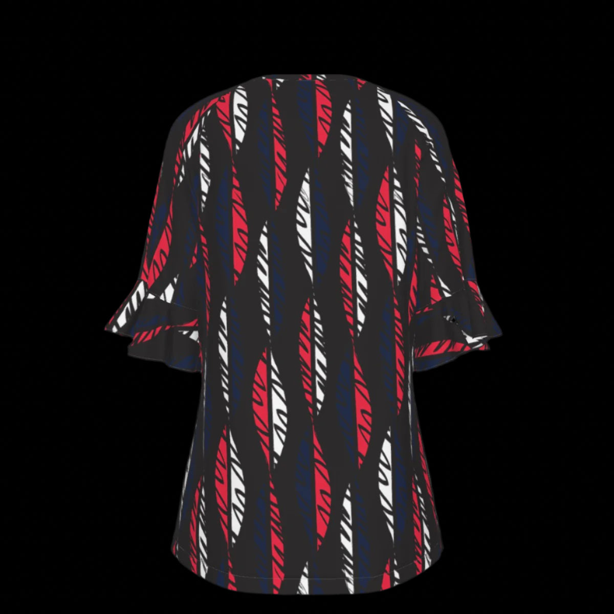 Back of black blous with red and white pattern on a black background