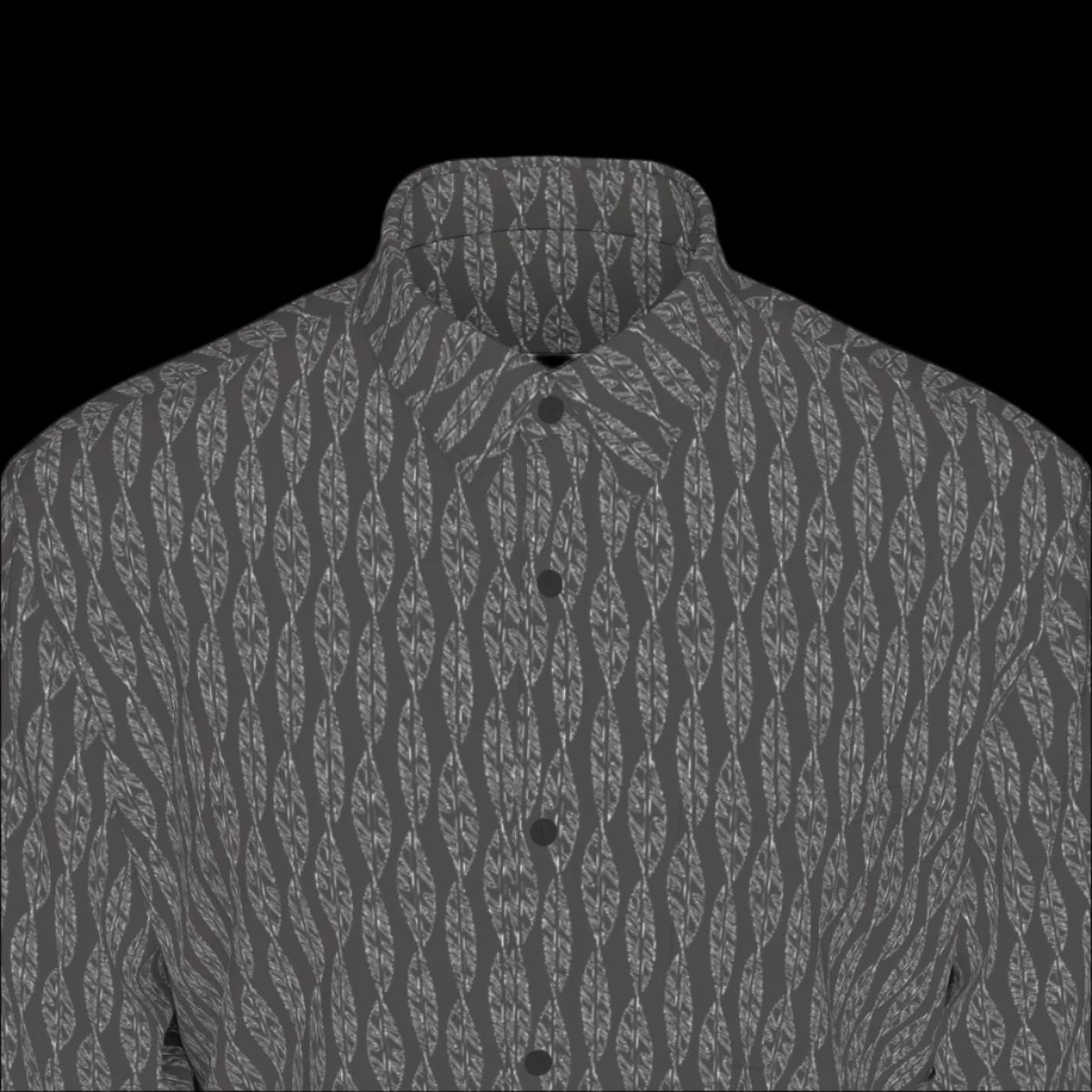 Top front of a long sleeve gray patterned shirt on a black background
