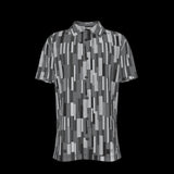 Front of short-sleeve shirt with geometric pattern on a black background