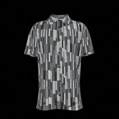 Front of short-sleeve shirt with geometric pattern on a black background