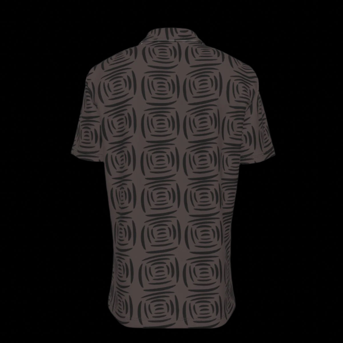Back of black patterned button-down shirt on a black background
