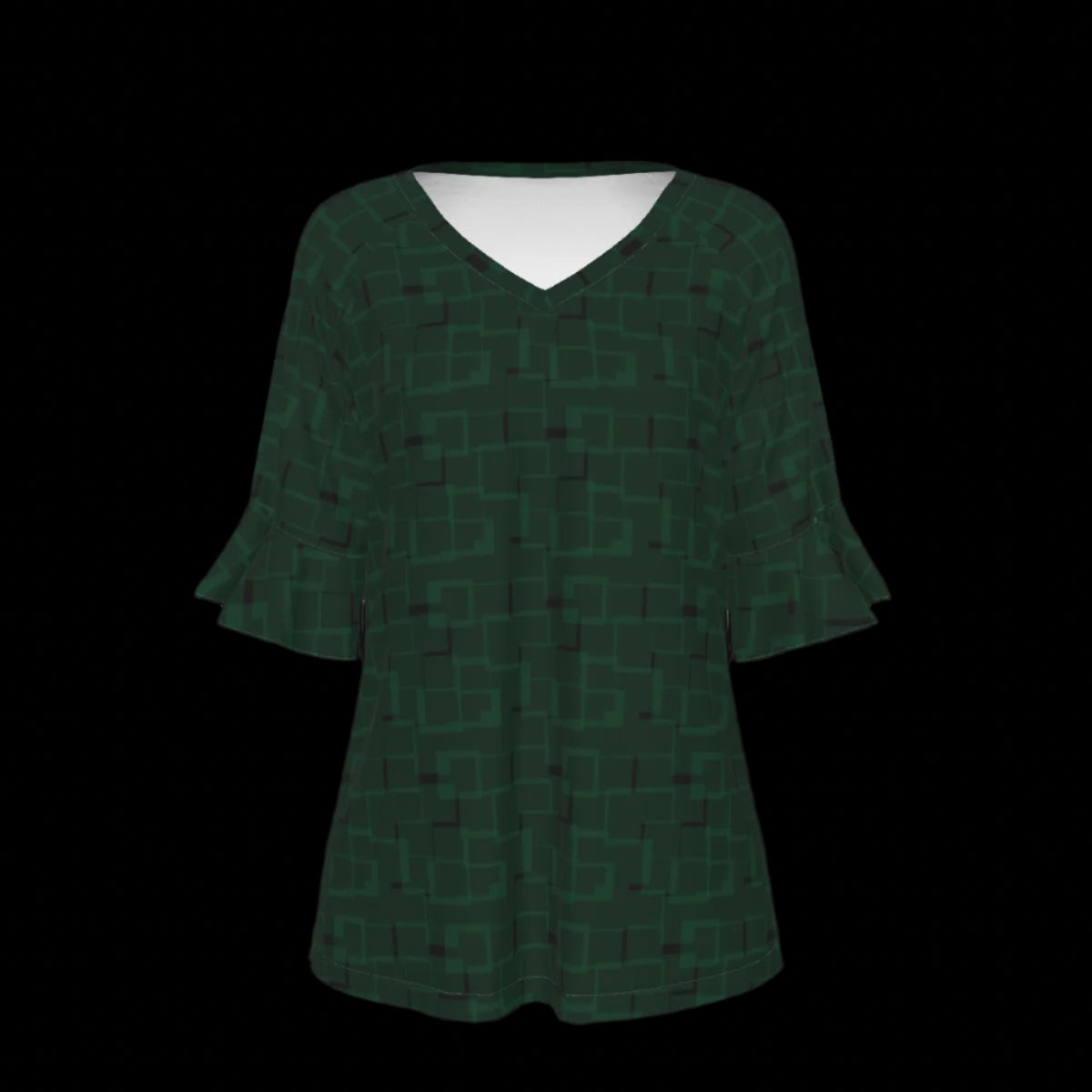 Front of green blouse with geometric pattern on a black background