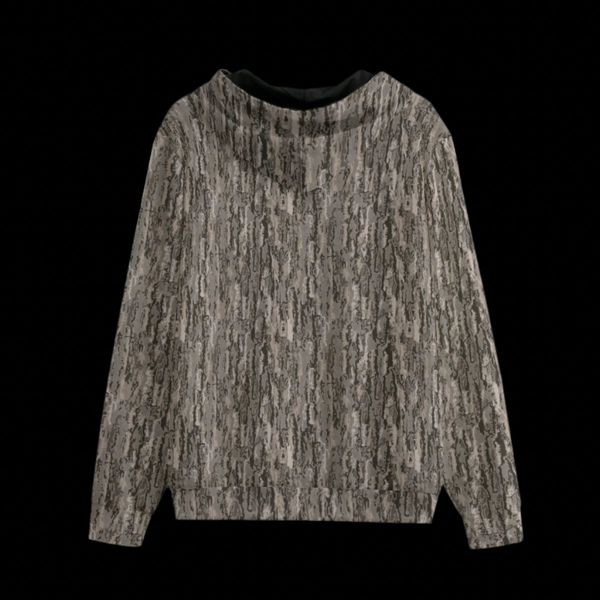 Back of hoodie with a unique pattern on a black background