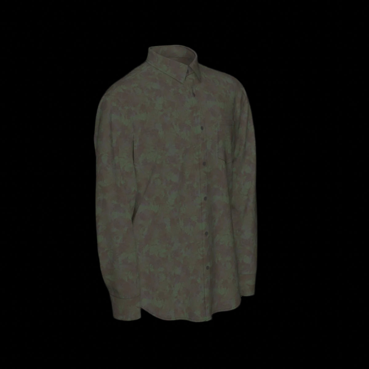 Right side of a green patterned long sleeve shirt on a black background