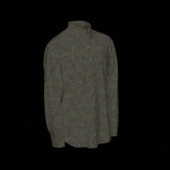 Right side of a green patterned long sleeve shirt on a black background