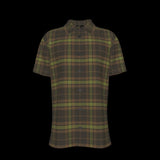 Gront of green and brown plaid shirt on a black background