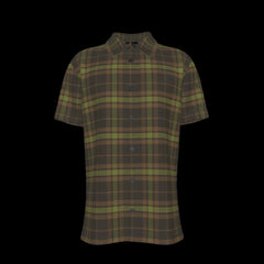Gront of green and brown plaid shirt on a black background