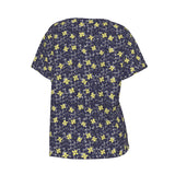 All-Over Women's V-Neck Short Sleeve T-shirt / Blue Yellow Floral Bouquet Design