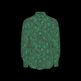 Front of a green patterned long sleeve shirt on a black background