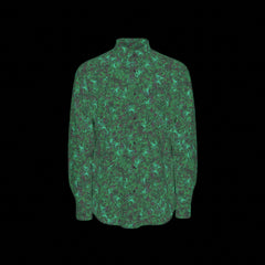 Front of a green patterned long sleeve shirt on a black background