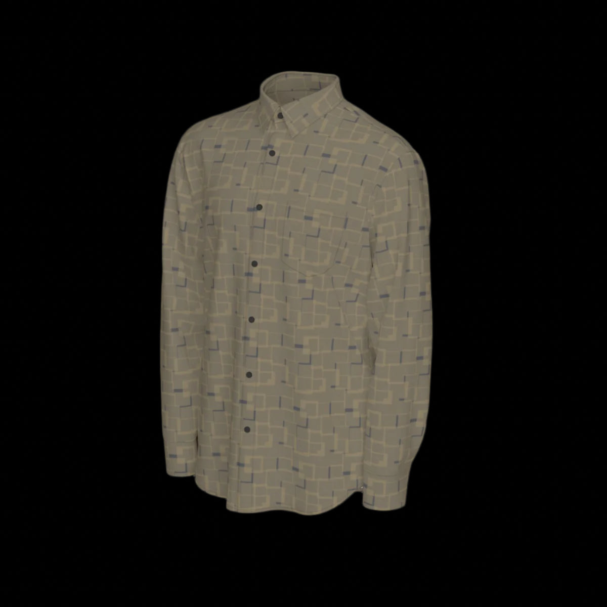 Left side of a green patterned long sleeve shirt on a black background