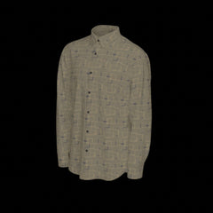 Left side of a green patterned long sleeve shirt on a black background
