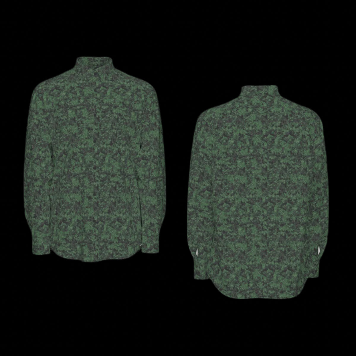 Front and Back of green camouflage patterned long sleeve shirt on a black background
