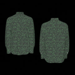 Front and Back of green camouflage patterned long sleeve shirt on a black background