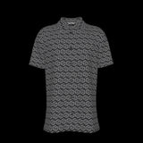 Front of a button down short-sleeve shirt with geometric pattern on a black background