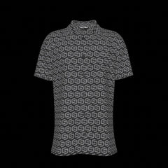 Front of a button down short-sleeve shirt with geometric pattern on a black background