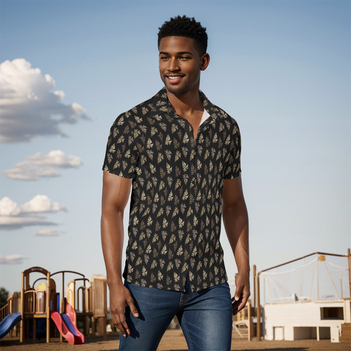 Men's Button Down Short Sleeve Shirt / Camo Fern Design