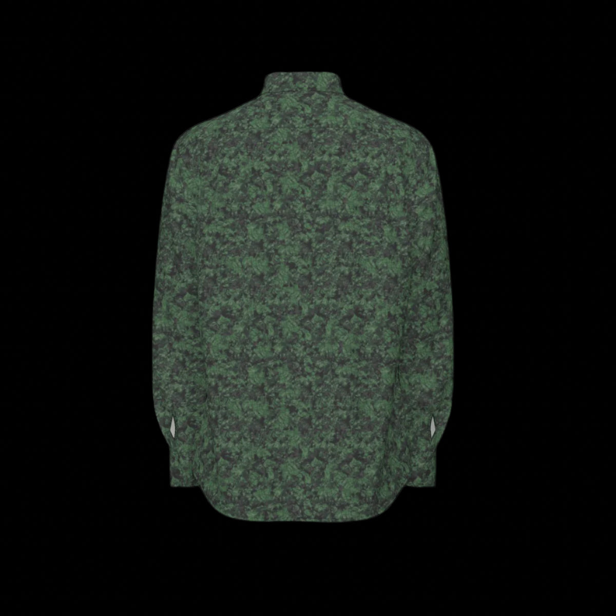 Back of green camouflage patterned long sleeve shirt on a black background