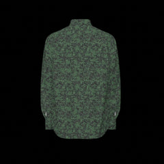 Back of green camouflage patterned long sleeve shirt on a black background
