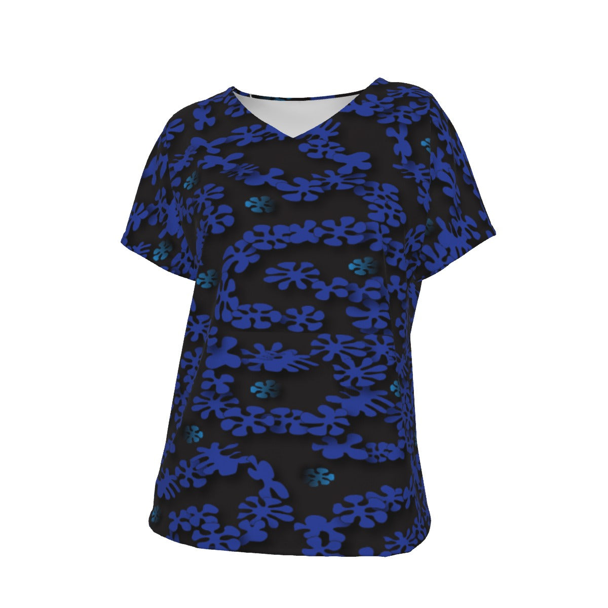 Women's V-Neck Short Sleeve T-shirt / Blue Vine with Flowers Design