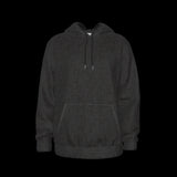 Front of men's pullover hoodie with a hood and front pocket, made of black scuba fabric on a black background.