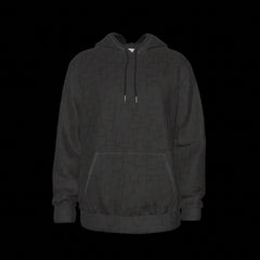 Front of men's pullover hoodie with a hood and front pocket, made of black scuba fabric on a black background.