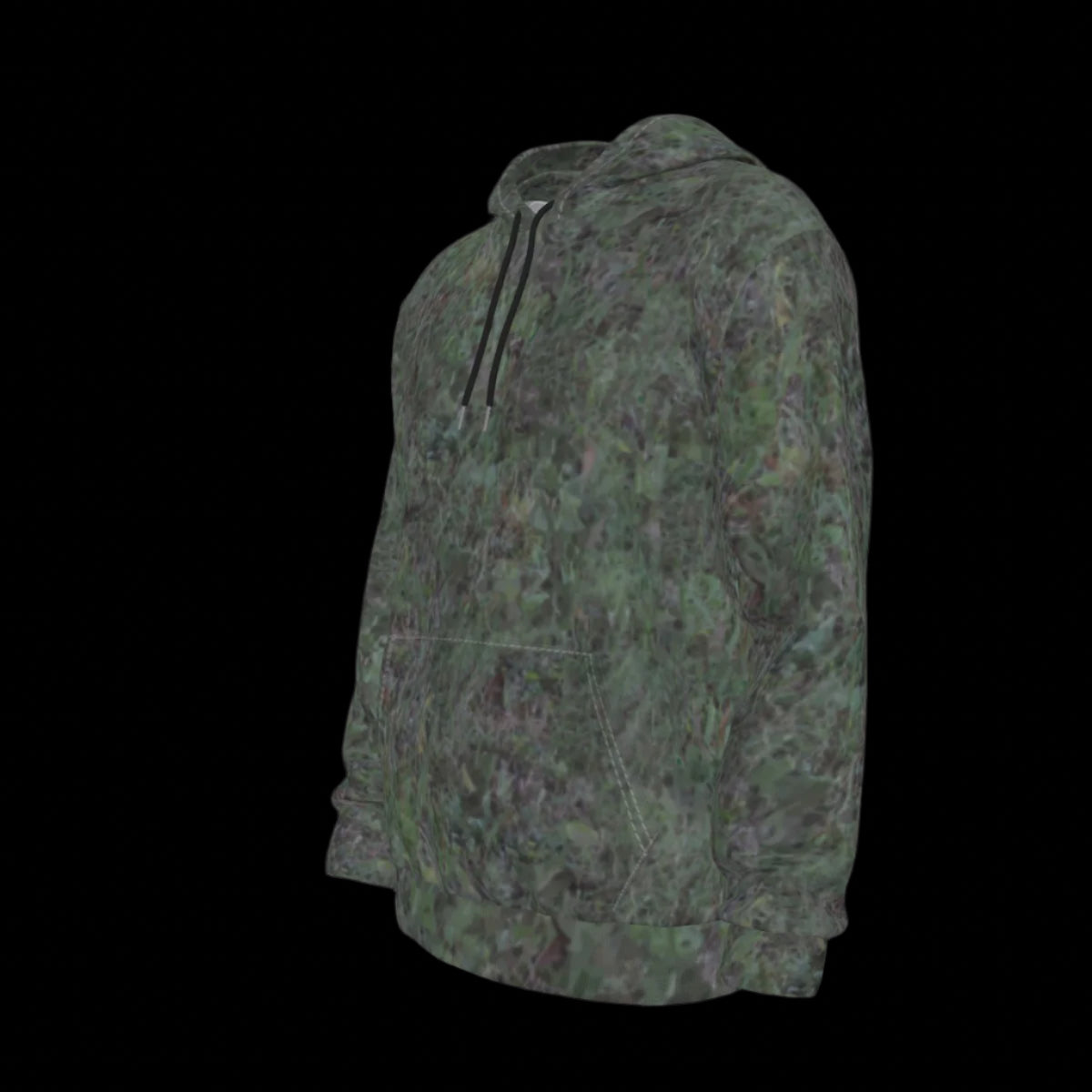 Left side of camouflage hoodie on a black background