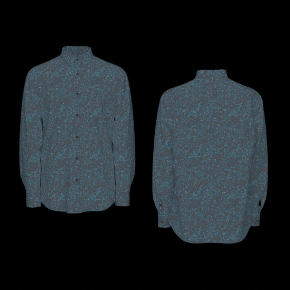 Front and Back of blue patterned shirt on a black background