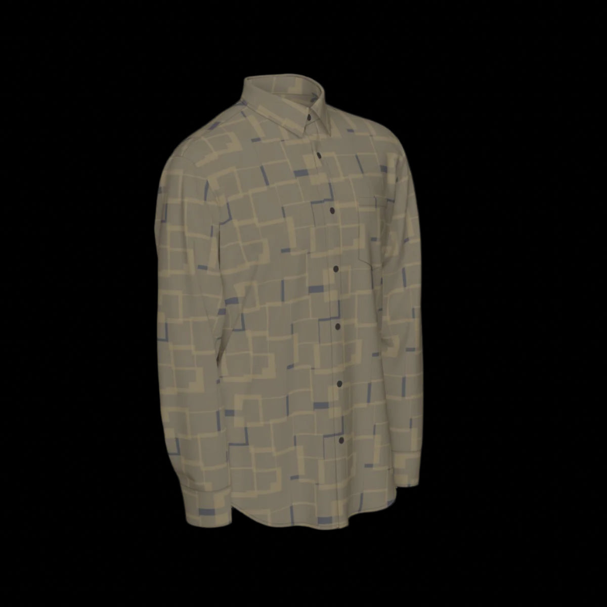 Front right of green patterned long sleeve shirt on a black background