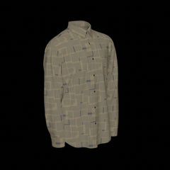 Front right of green patterned long sleeve shirt on a black background