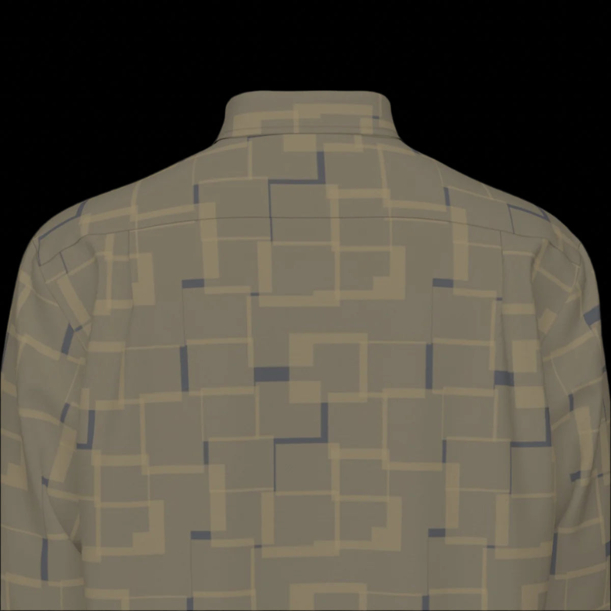 Top back of green patterned long sleeve shirt on a black background