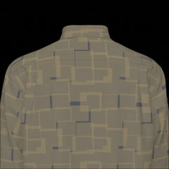 Top back of green patterned long sleeve shirt on a black background