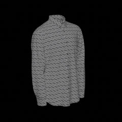 Right side of a patterned long sleeve shirt on a black background