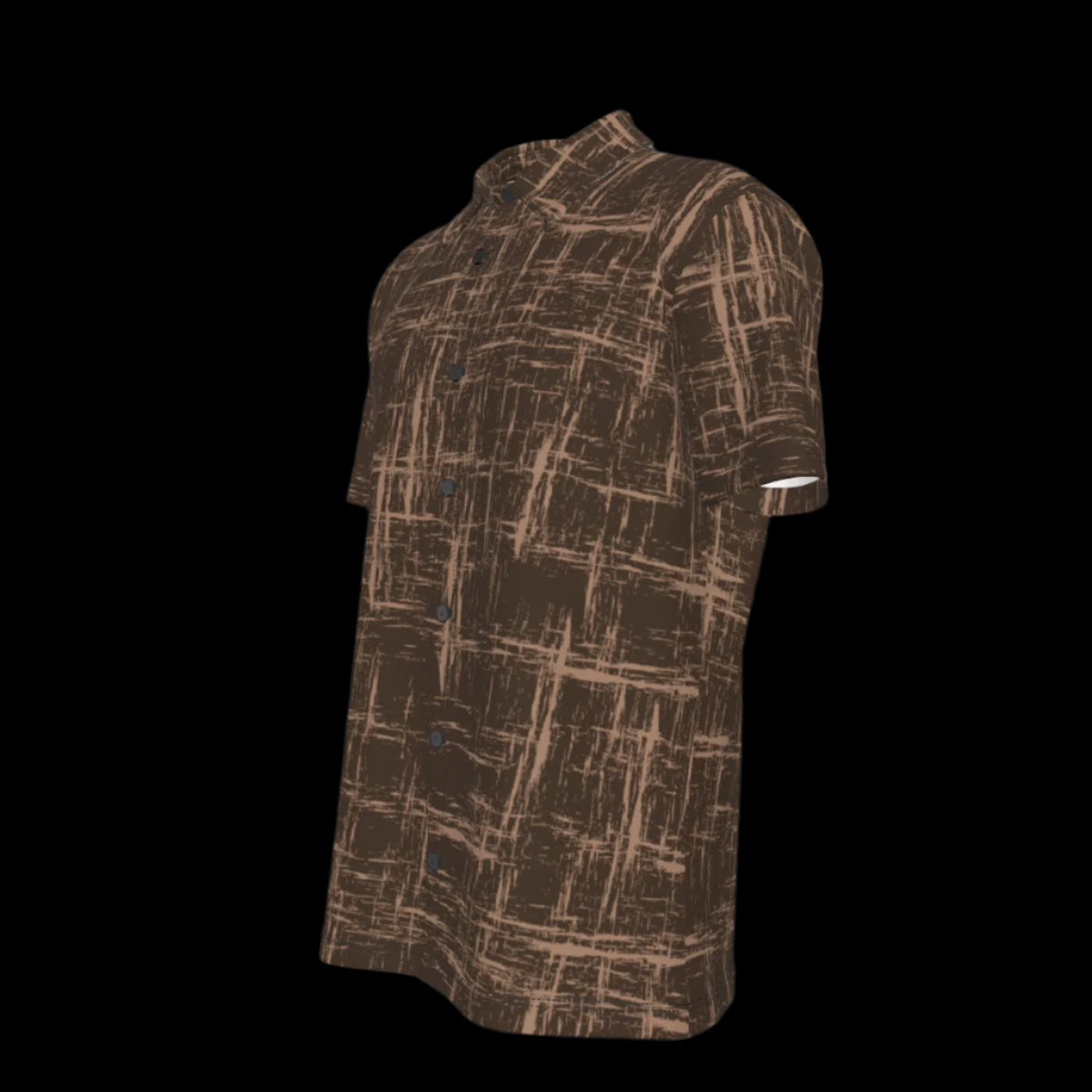 Back side of brown patterned shirt on a black background