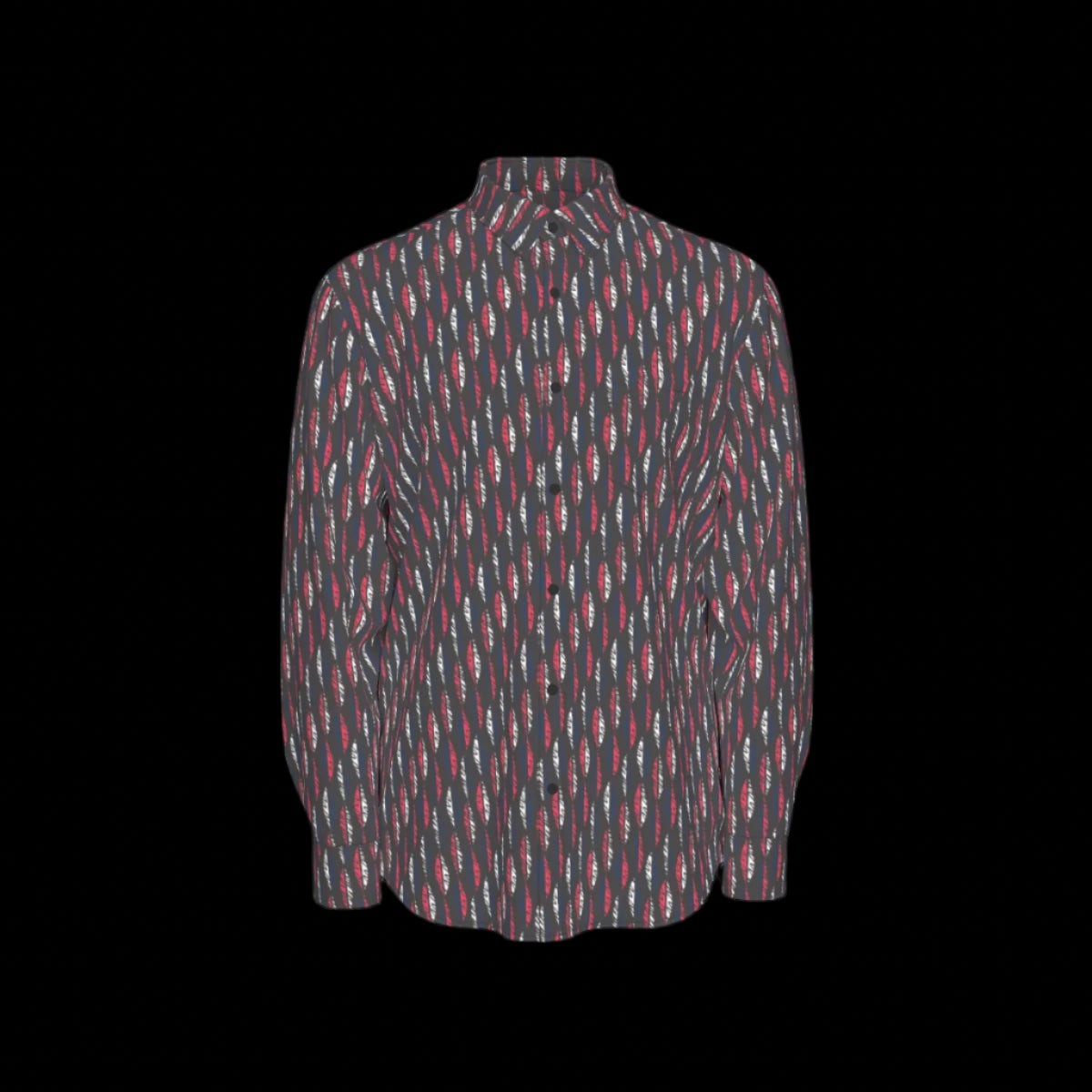 Front of a patterned long sleeve shirt on a black background