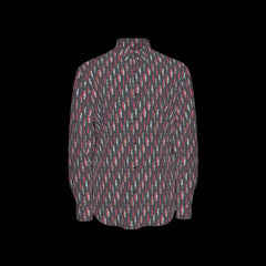 Front of a patterned long sleeve shirt on a black background
