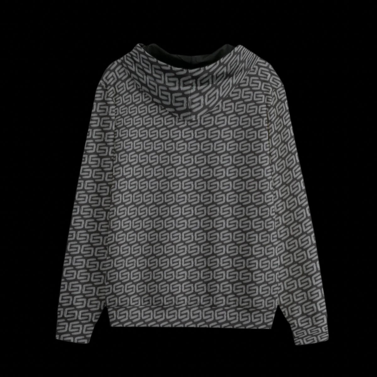 Back of a patterned hoodie on a black background