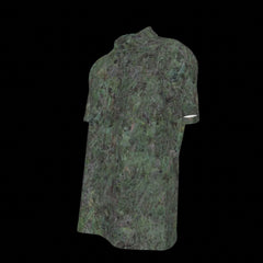 Left side of green camouflage patterned shirt on a black background