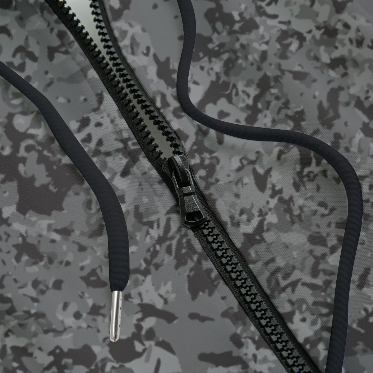 Front detail of gray camouflage hoodie