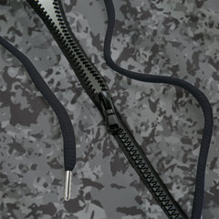 Front detail of gray camouflage hoodie