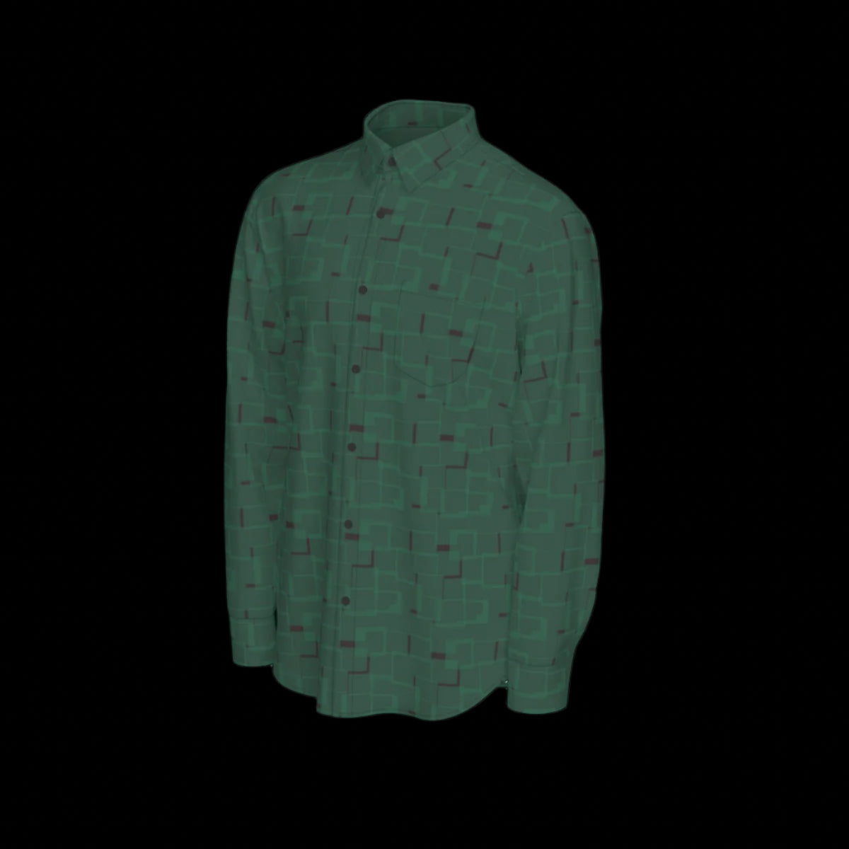 Left side of a green patterned long sleeve shirt on a black background