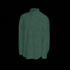 Left side of a green patterned long sleeve shirt on a black background
