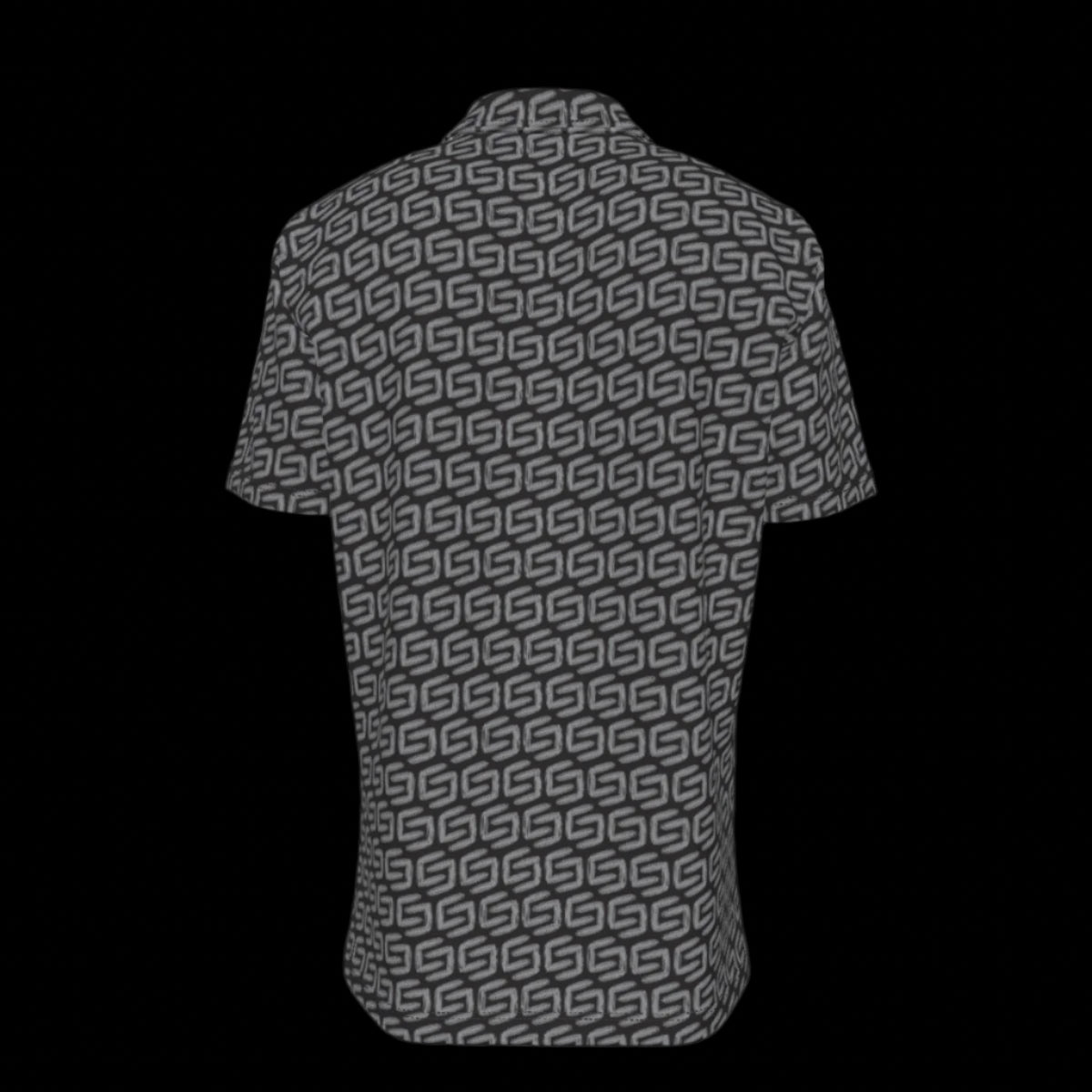 Back of a button down short-sleeve shirt with geometric pattern on a black background
