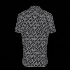 Back of a button down short-sleeve shirt with geometric pattern on a black background