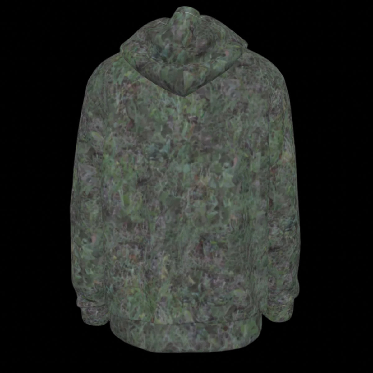 Back of camouflage hoodie on a black background